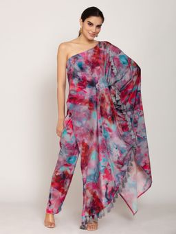 IKI CHIC - Multi-color Marble Tie-dye Print Asymmetric Kaftan & Straight Pants Set (Set of 2)