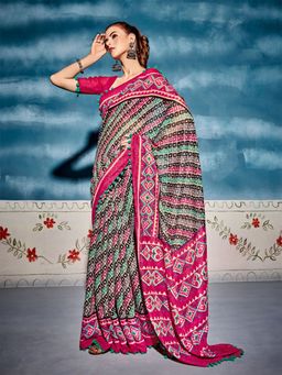 Odette - Womens Cotton Blend Pink Printed Saree with Unstitched Blouse