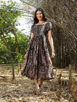 Stylum - Womens Black Paisley Printed Rayon Flared Dress