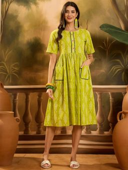 Stylum - Womens Green Printed Cotton A-Line Dress