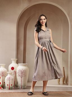 Stylum - Womens Grey Self Design Crepe Pleated Belted Dress