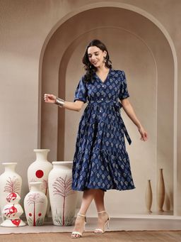 Stylum - Womens Indigo Ethnic Motif Printed Cotton Tiered Belted Dress
