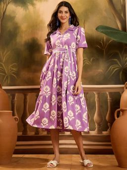 Stylum - Womens Purple Floral Printed Cotton Flared Belted Dress