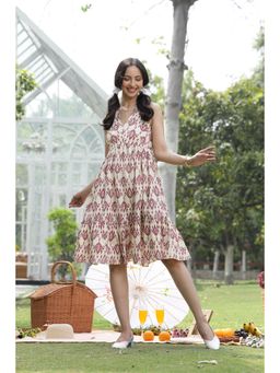 Stylum - Womens Purple Ikat Printed Cotton A-Line Belted Dress