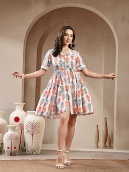 Stylum - Womens White Floral Printed Cotton Blend Tiered Belted Dress