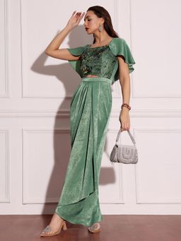 Miss Chase - Luxe Women's Siege Green Sweetheart-Neck Embellished Satin Ethnic Dress