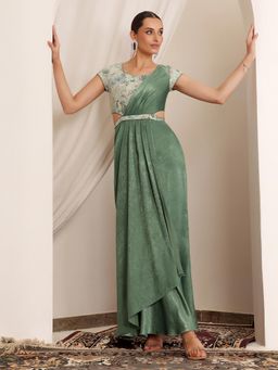 Miss Chase - Luxe Women's Siege Green Sweetheart Embellished Satin Maxi Ethnic Dress