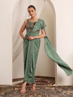 Miss Chase - Luxe Women's Siege Green Sweetheart Neck Embroidered Satin Ethnic Dress