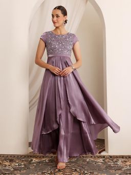 Miss Chase - Luxe Women's Dusty Purple Round Neck Embroidered Satin Maxi Ethnic Dress