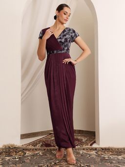 Miss Chase - Luxe Women's Wine V-Neck Short Sleeve Embellished Pleated Ethnic Dress