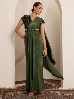 Miss Chase - Luxe Womens Olive V-Neck Short-Sleeve Embellished Draped Maxi Ethnic Dress