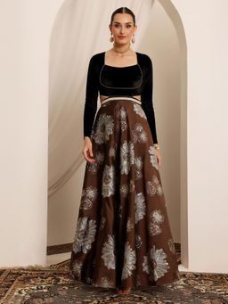 Miss Chase - Luxe Womens Brown Choli Cut Full Sleeve Floral Cut-Out Maxi Ethnic Dress