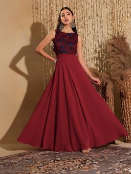 Miss Chase - Women's Maroon & Teal Boat Neck Sleeveless Self Design Maxi Ethnic Dress