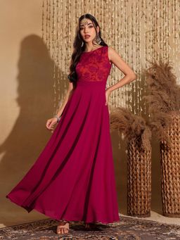 Miss Chase - Women's Dark Pink & Rust Boat Neck Sleeveless Self Design Ethnic Dress