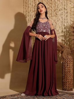 Miss Chase - Women's Wine V-Neck Long sleeve Embroidered Flared Maxi Ethnic Dress