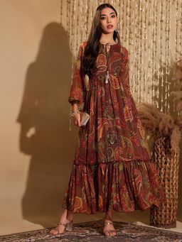 Miss Chase - Women's Multicolored-Base-Brown Relaxed Fit Maxi Chiffon Ethnic Dress