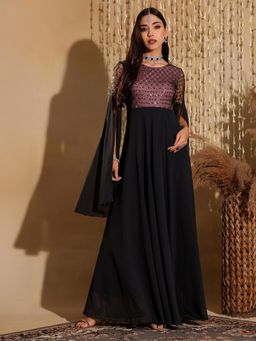 Miss Chase - Women's Black & Lavender Relaxed Fit Maxi Georgette & Sequins Ethnic Dress