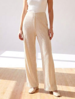 GAIIA - Women Beige Textured Linen Blend Straight Fit Trouser