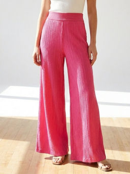 GAIIA - Women Pink Textured Linen Blend Straight Fit Trouser