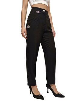 GAIIA - Women Black Solid Linen Blend Trouser