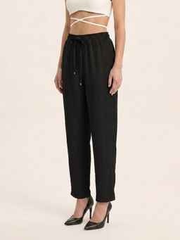 GAIIA - Women Black Solid Linen Blend Regular Fit Trouser
