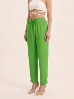 GAIIA - Women Green Solid Linen Blend Regular Fit Trouser