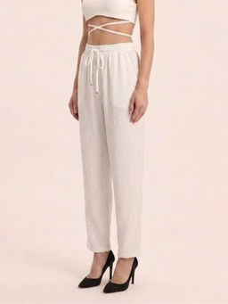 GAIIA - Women White Solid Linen Blend Regular Fit Trouser