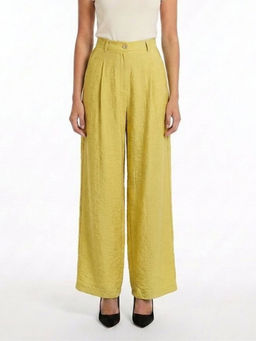 GAIIA - Women Green Textured Linen Blend Straight Fit Trouser