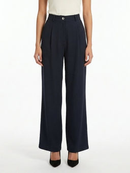 GAIIA - Women Black Textured Linen Blend Straight Fit Trouser