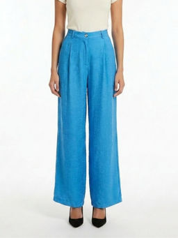 GAIIA - Women Blue Textured Linen Blend Straight Fit Trouser