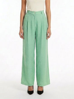 GAIIA - Women Green Textured Linen Blend Straight Fit Trouser