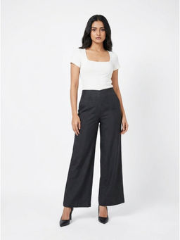 GAIIA - Women Black Solid Linen Blend Trouser