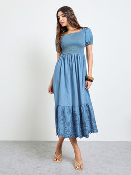Styli - Women's Smocked Fit and Flare Midi Dress