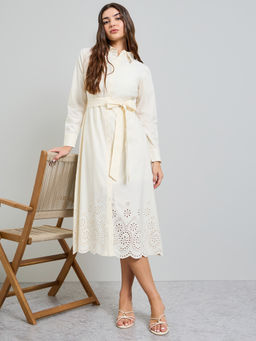 Styli - Women's Solid A-Line Midi Dress with Belt