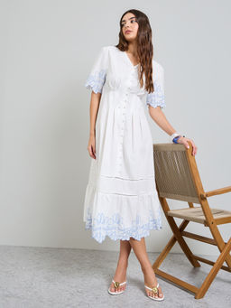 Styli - Women's White Fit and Flare Midi Dress