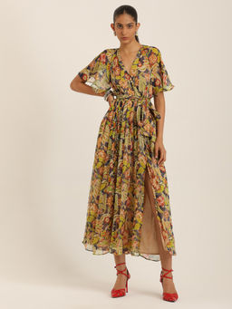 Label Ritu Kumar - Blue Belly V Neck Dress With Belt