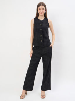 Madame - Black Rayon Blend Striped Formal Co-Ord Set