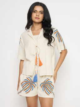 Madame - Printed Beige Cotton Blend Co-Ord Set