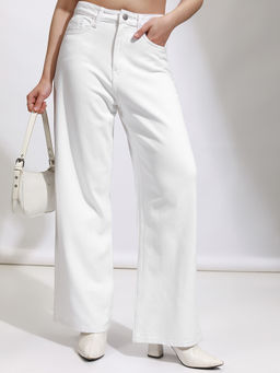 TOKYO TALKIES - Women White Wide Leg High Rise Heavy Fade Pure Cotton Jeans