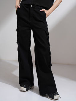 TOKYO TALKIES - Women Black Straight Fit Stretchable Cargo Jeans