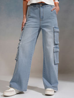 TOKYO TALKIES - Women Blue Straight Fit Cargo Jeans