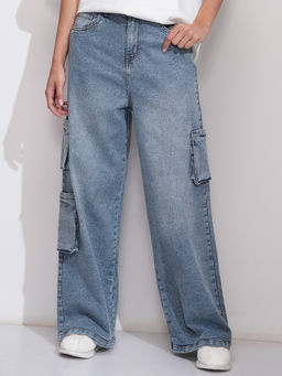 TOKYO TALKIES - Women Blue Wide Leg Cargo Jeans