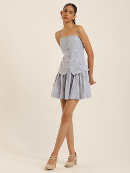 Label Ritu Kumar - Blue White Elma Sleeveless Striped Short Dress