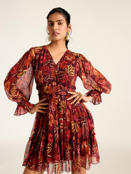 Label Ritu Kumar - V Neck Full Sleeves Short Dress