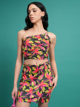TOKYO TALKIES - Black Printed One Shoulder Co-Ord Set