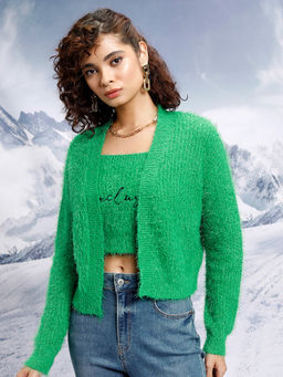 TOKYO TALKIES - Green Self Design Crop Top With Cardigan