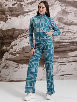 TOKYO TALKIES - Women Blue Knit Jacquard Co-Ord Set
