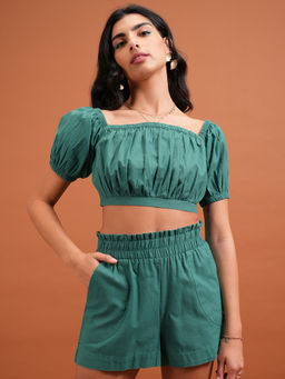 TOKYO TALKIES - Women Green Solid Off-Shoulder Co-Ord Set