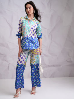 TOKYO TALKIES - Women Blue Printed Satin Full Sleeve Co-Ord Set