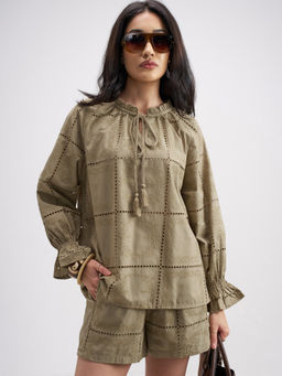 TOKYO TALKIES - Women Khaki Self Design Co-Ord Set